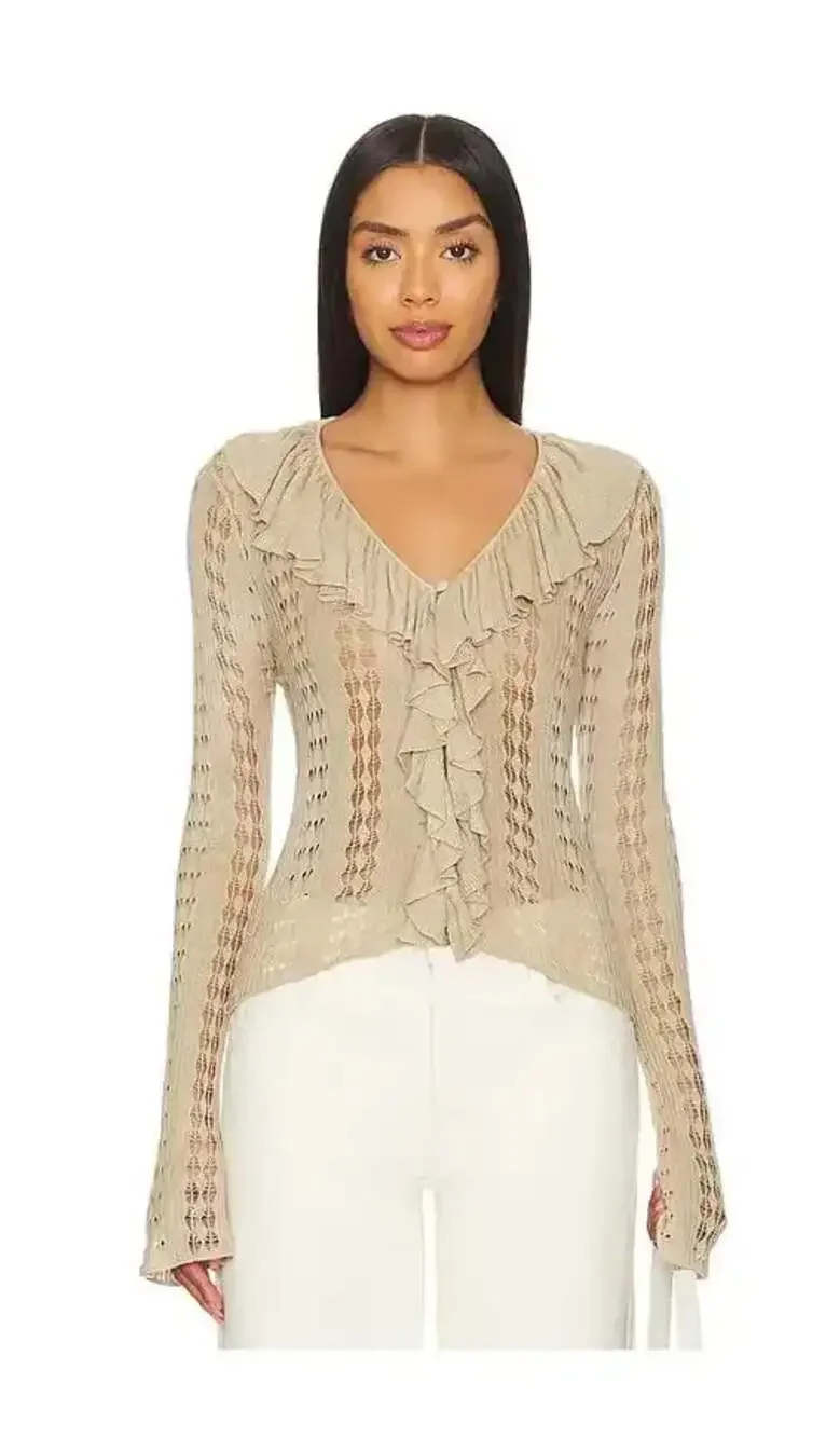 WeWoreWhat Ruffle Detail Knit Long Sleeve Cardigan in Safari